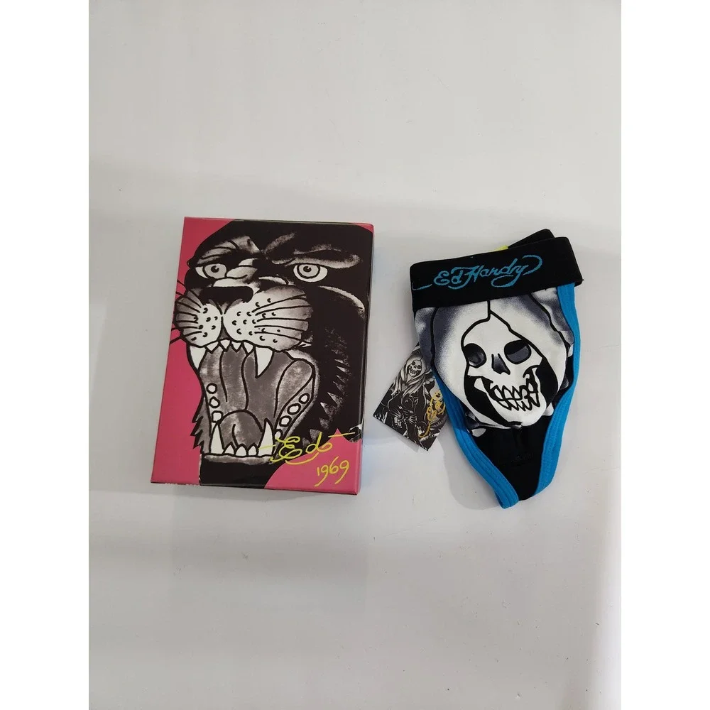 Ed‎ Hardy Thong Underwear Black Blue Skull Tattoo Graphic Mens Small 28-30 NEW
